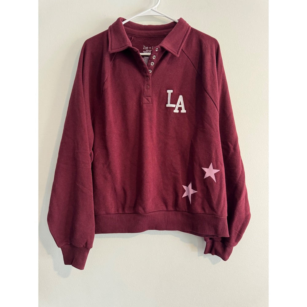 Zoe + Liv Los Angeles polo Sweatshirt Womens Medium Burgundy‎ Star retro Y2K
